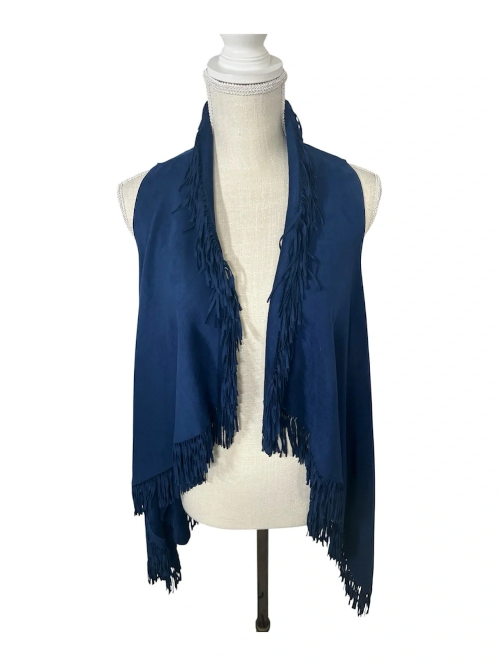 NWOT Women’s Fringed Boho Faux Suede Open-Front Vest Royal Blue Size Medium